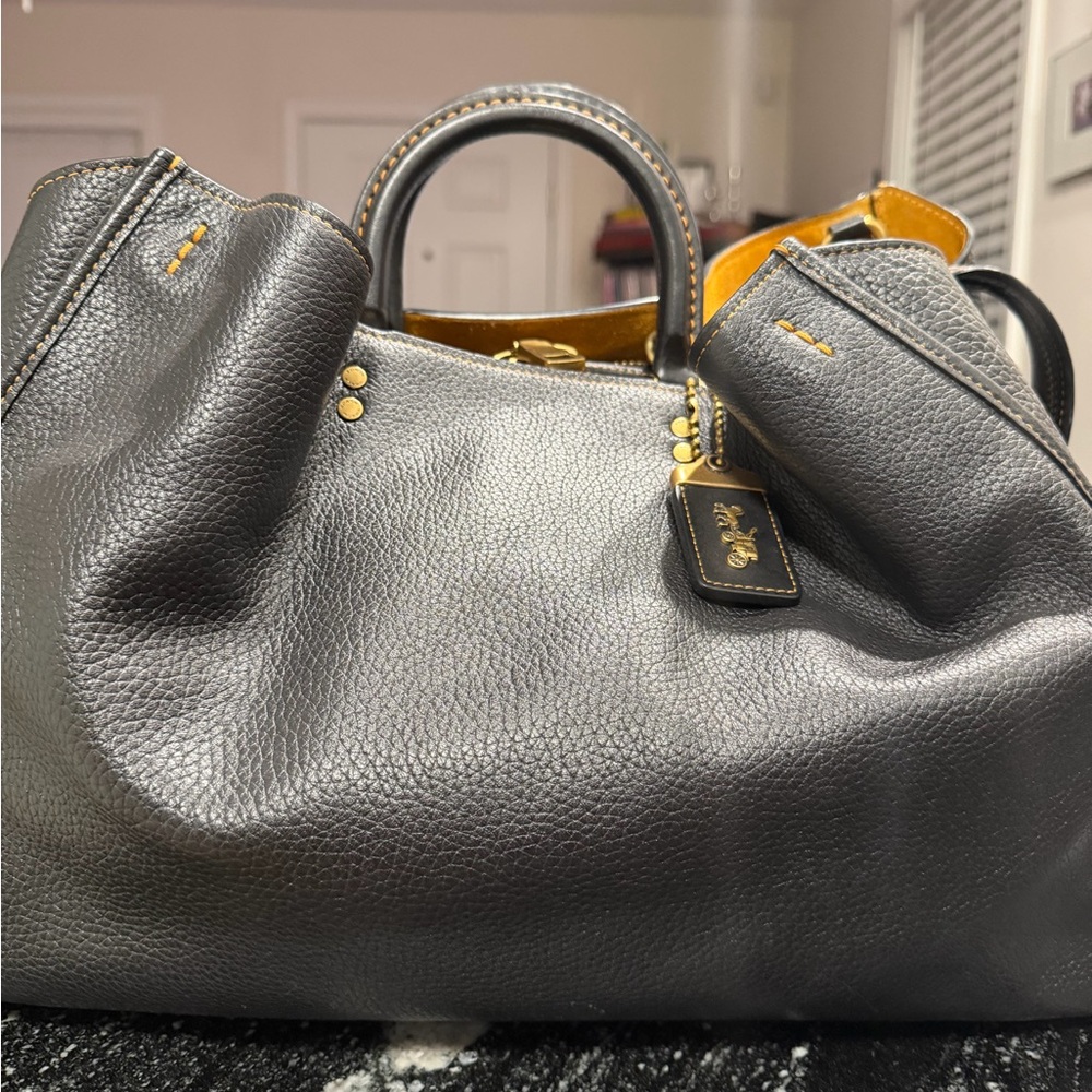 Coach Rogue 39 Pebbled Leather Satchel Handbag - Black with Gold Hardware